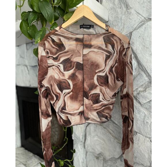 PrettyLittleThing Brown Swirl Sheer Top Size 12 - Picture 2 of 9